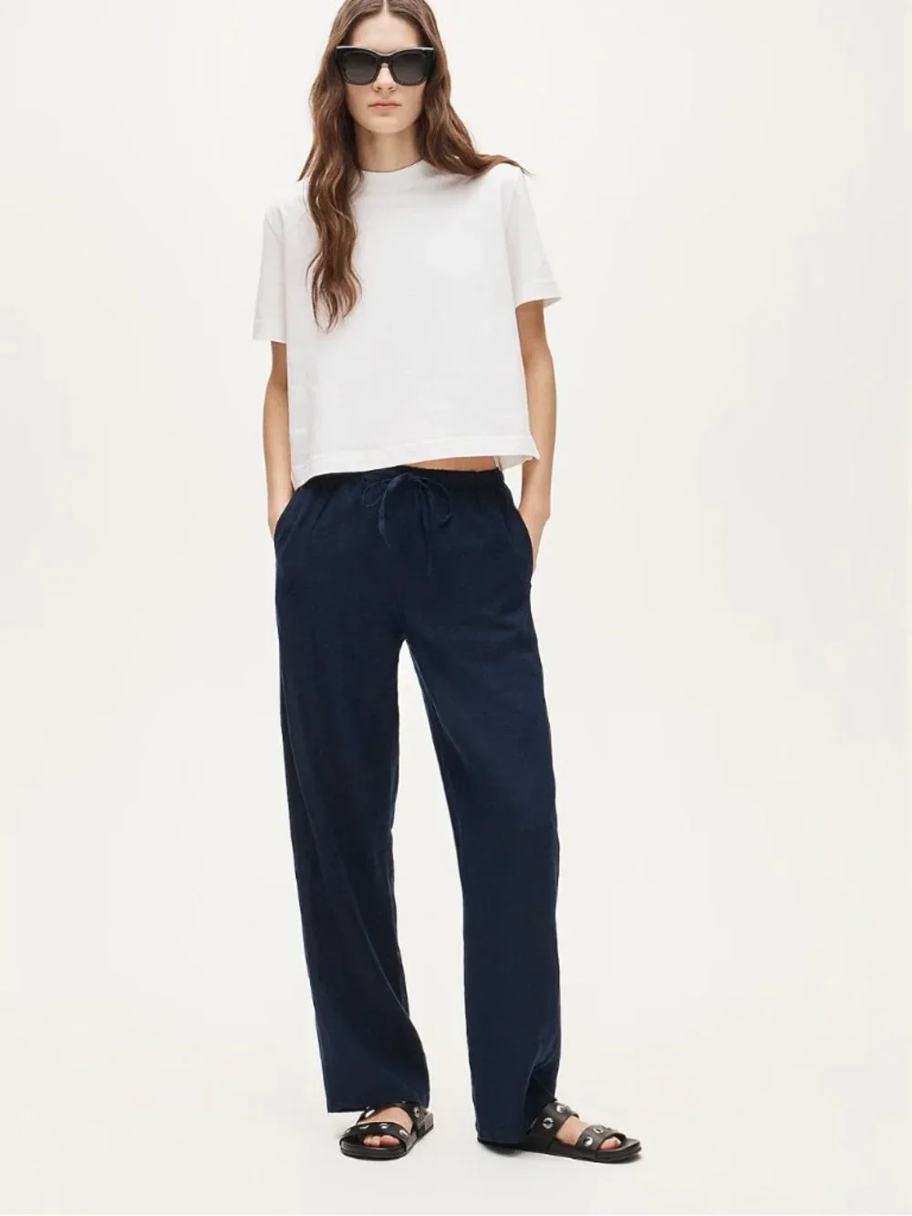 J. Crew Soleil Pant 100% Linen Pockets Drawstring Pull On Navy Blue Small $98